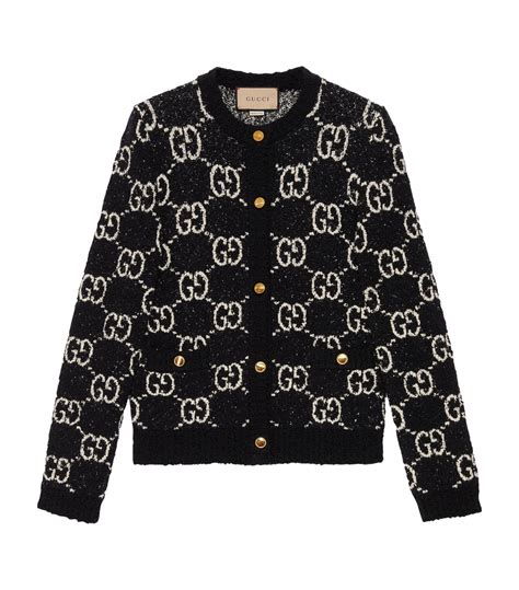 Gucci Gg Cardigan Crew Neck Wool Black Bijou Button 574165 